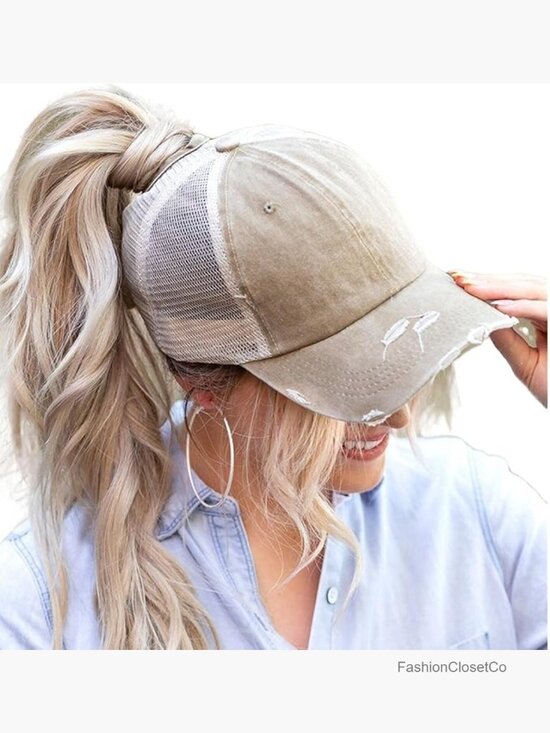 Distressed High Ponytail Baseball Cap with Mesh Back, Adjustable, Breathable, main image 7